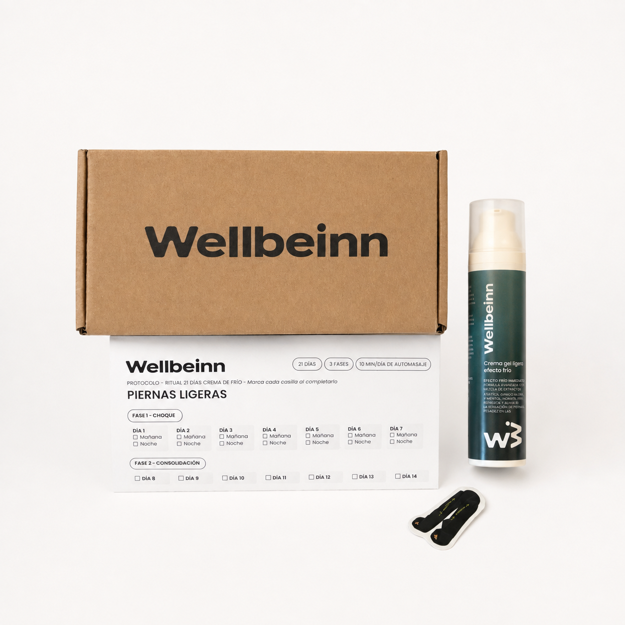 Pack Piernas Ligeras: caja Wellbeinn, protocolo impreso de 21 días y gel efecto frío 100 ml