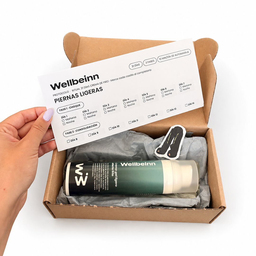 Caja abierta del Pack Piernas Ligeras con el gel y el protocolo de seguimiento