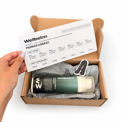 Caja abierta del Pack Piernas Ligeras con el gel y el protocolo de seguimiento