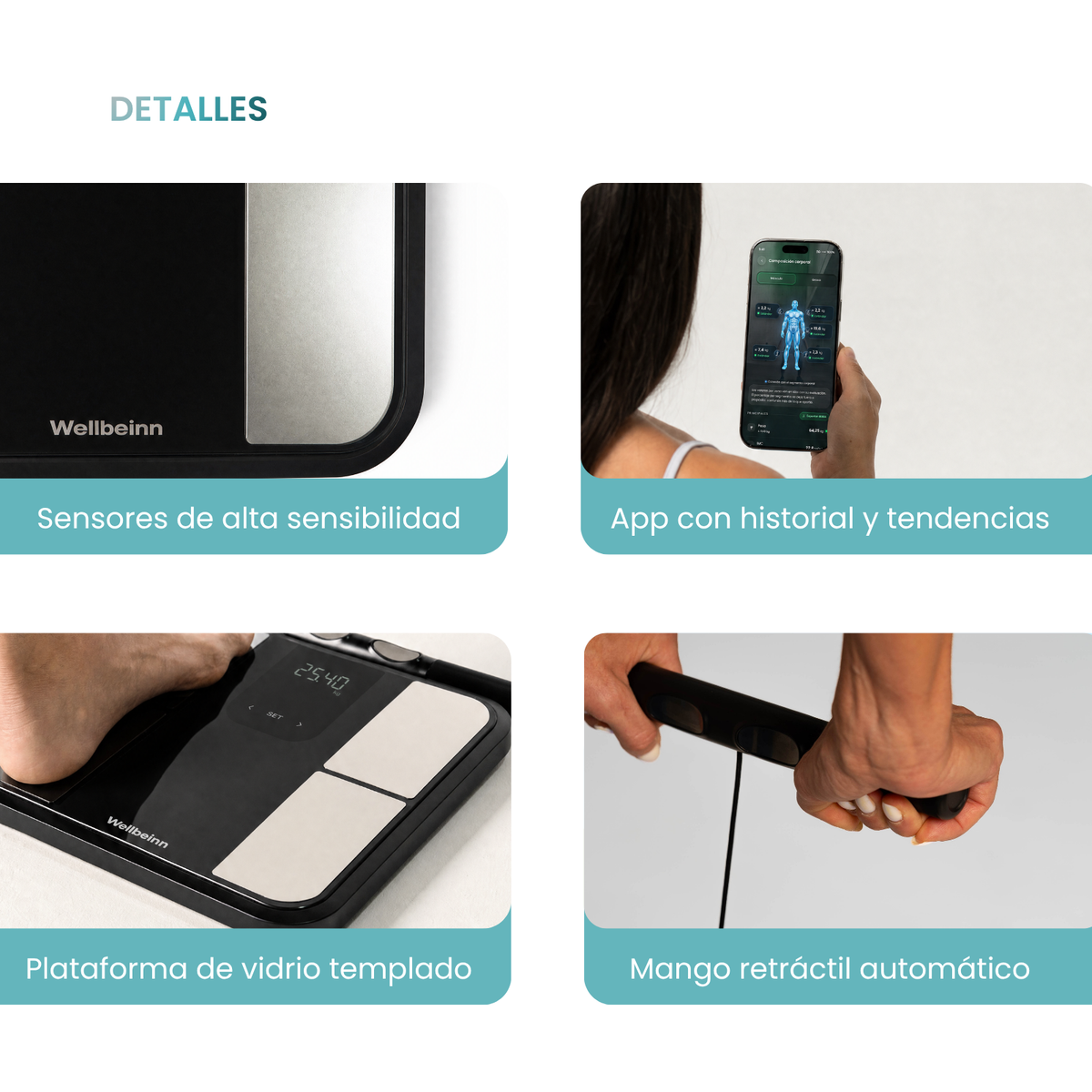 Detalles de la báscula y mango retráctil